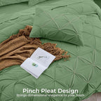 Sasttie King Size Comforter Set, 7-Piece Bed in a Bag, Pintuck Bedding Set for All Season, Includes Comforter, Flat Sheet, Fitted Sheet, Pillowcases and Pillowshams, Green