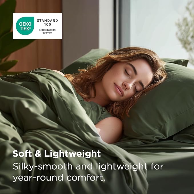 Bedsure 100% Rayon Derived from Bamboo Duvet Cover King Size - Lightweight Silky Cooling Comforter Cover Set for Hot Sleepers, Breathable & Moisture-Wicking Bedding Set, Olive Green