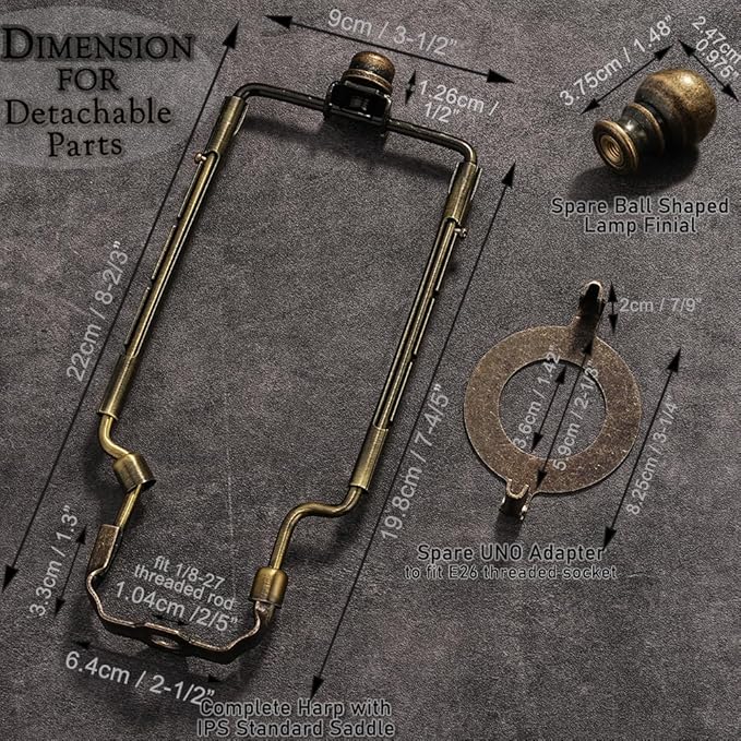 7 8 9 10 inch Lamp Shade Harp Holder,Antique Brass Lamp Harp Kit,Fit Both Standard Lamp Rod and E26 Light Base UNO Fitter Adapter,with 2 Shade Attaching Finial Top (Bronze Color - 1 Set)