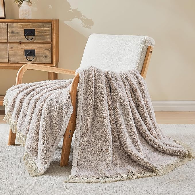 EMME Soft Sherpa Fleece Blanket with Tassel, Reversible Plush Fluffy Large Blanket, Light Weight Warm Decorative Boho Blanket Cover for Sofa, Couch, Bedroom,Travel(Tassel Khaki,60"x80")