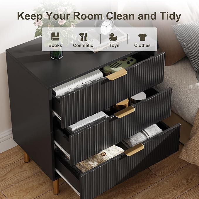 GarveeHome Black Dresser, Modern 3 Drawer Dresser for Bedroom with Gold Handle and Large Drawer, Wood Double Chest of Drawers and Storage Organizer for Living Room, Hallway, Entryway