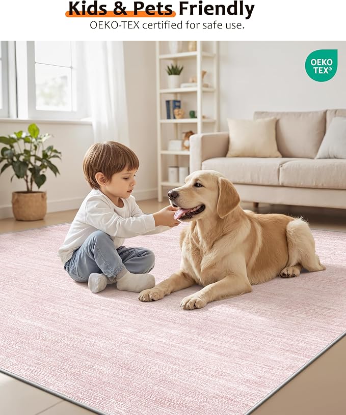 Art&Tuft Washable Rugs 5x7, Low Pile Area Rugs for Living Room - Non Slip and Stain Resistant Soft Thin 5x7 Rug for Bedroom, Dining Room, Kitchen, Office, Lightpink