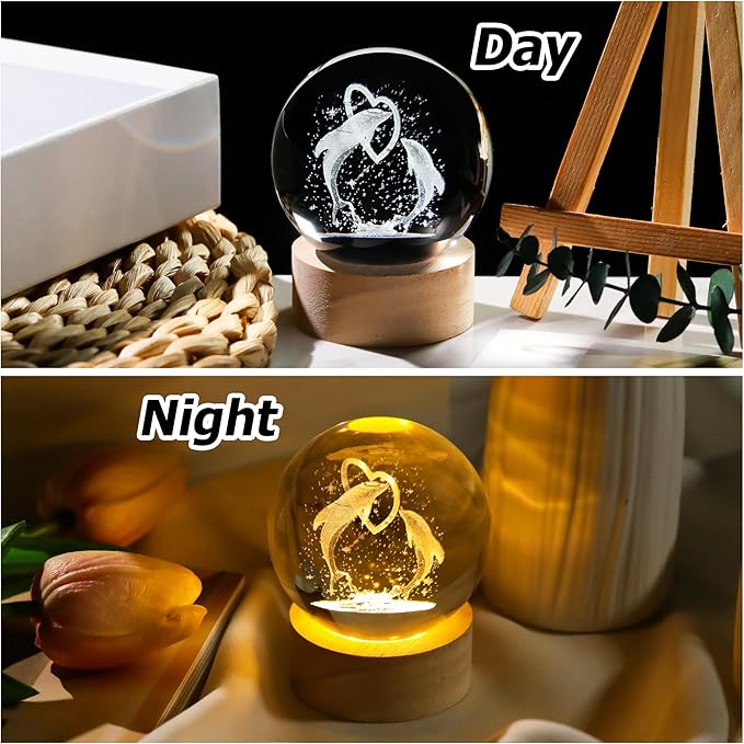 3D Butterfly Flower Crystal Ball with Wooden Light Base Glass Butterfly Figurine Gifts for Women Mom Butterfly Statue Home Decor on Mother's Day Birthday Valentine Christmas (Diameter 2.36 inches)