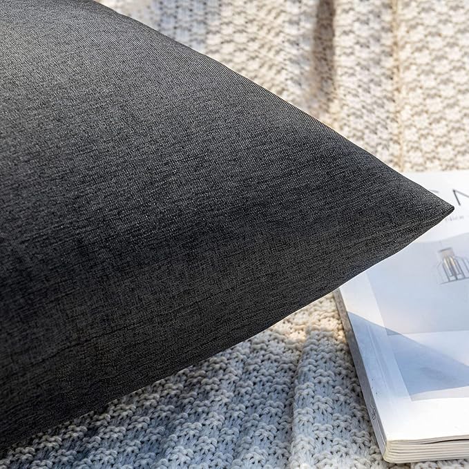 MIULEE Pack of 2 Decorative Outdoor Solid Waterproof Throw Pillow Covers Faux Linen Garden Farmhouse Cushion Cases for Halloween Tent Balcony Couch Sofa 20x12 Inch Black