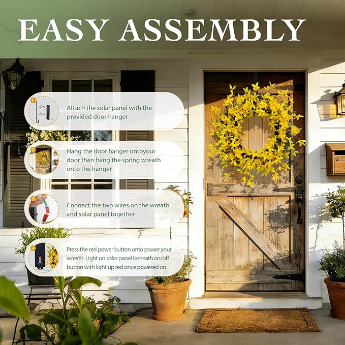 Solar Spring Wreath 24 inch Wreath for Front Door Artificial Pre-lit 50LED Summe Spring Decorations for Outside Yellow Forsythia Flower Home Decor for Wall Festival Holiday Decor(2404)