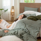 MooMee Gingham Duvet Cover Set 100% Washed Cotton Linen Like Textured Breathable Durable Soft Comfy Modern Checkered Design (Forest Green Gingham, Super King 108"x98")