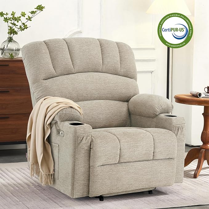 MCombo Oversized Power Lift Recliner Chair for Elderly, Lift Chair with Heat and Massage, Lift Recliner for Big and Tall, Cup Holders, USB & Type C Ports, Fabric R7092 (Beige, Oversize)