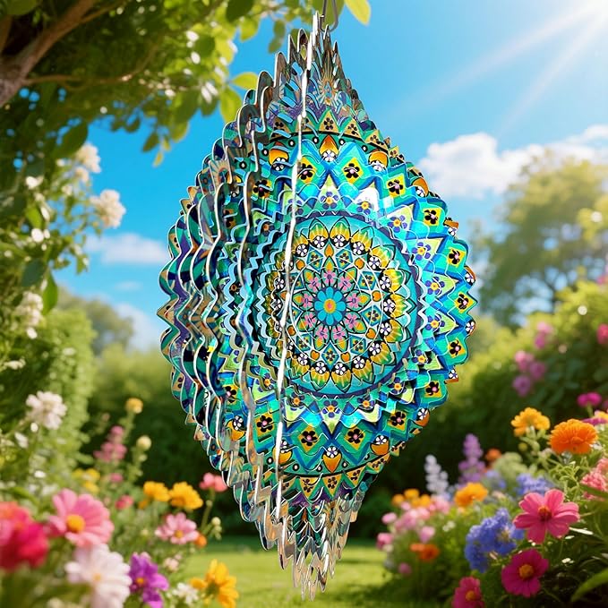 Wind Spinner Mandala Peacock - 12In Laser Cut Stainless Steel Wind Spinners Outdoor, 3D Kinetic Hanging Sculpture, Rustproof Metal Garden Decor Yard Art, Unique Gift for Women, Men, Holidays