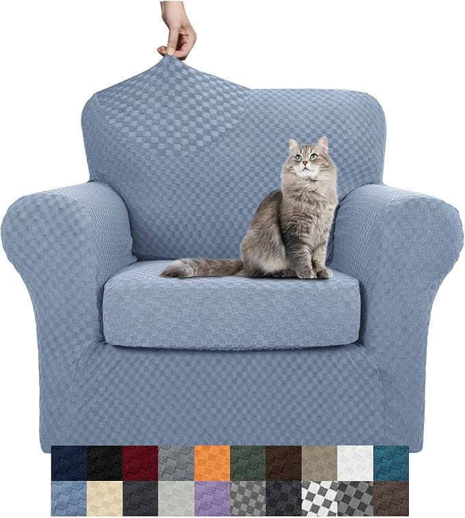 YEMYHOM Latest Checkered 2 Pieces Chair Covers for Living Room High Stretch Thickened Chair Slipcovers with Arms Anti Slip Elastic Armchair Sofa Couch Protector (Light Blue), 31"-46"(1 Cushion)