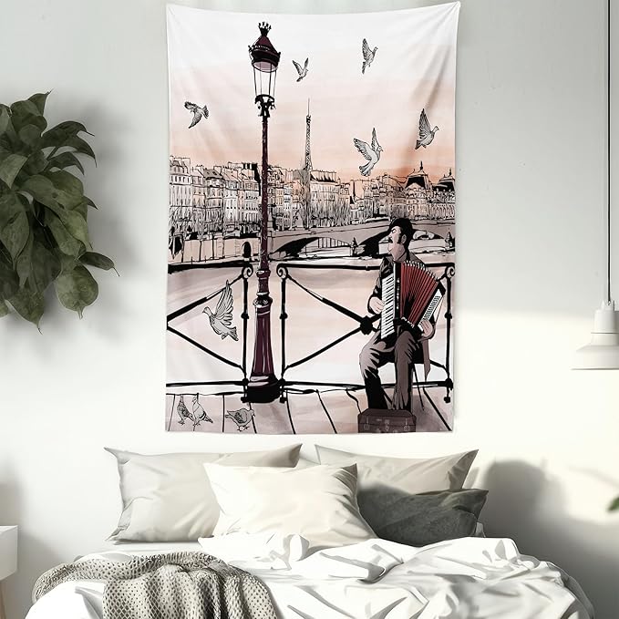 Ambesonne Music Tapestry, Accordionist Playing Paris Street Urban European Famous City Panorama Graphic Scene, Fabric Wall Hanging Decor for Bedroom Living Room Dorm, 30" X 45", Peach Brown