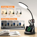 Desk Lamp with Wireless Charger, LED Desk Lamp for Home Office with Pen Holder, Dimmable Eye-Caring Study Desk Light Flexible Arm 3 Color Modes for College Dorm, 800 Lumens CRI 90