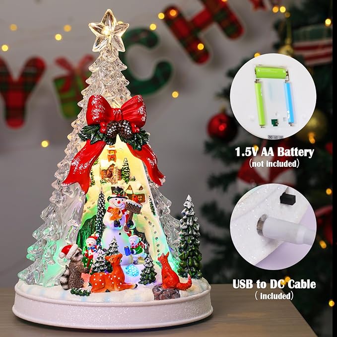 Christmas Village Scene Tree Animated with Rotating Snowman LED Lights Christmas Decorations for Home Gifts Light Up Music USB/Battery Collectible Buildings Figurines