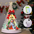 Christmas Village Scene Tree Animated with Rotating Snowman LED Lights Christmas Decorations for Home Gifts Light Up Music USB/Battery Collectible Buildings Figurines