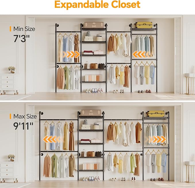 W4 Industrial Pipe Clothing Rack Wall Mounted Closet System Expandable Clothes Rack for Hanging Clothes, Heavy Duty Garment Rack Adjustable for Walk in Closet, Black