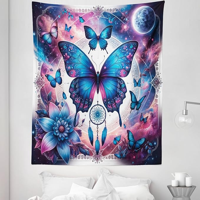 Ambesonne Boho Tapestry Twin Size, Astral Dream in Outer Space with Fantasy Butterfly Dreamcatcher Moon, Wall Hanging Bedspread Bed Cover Wall Decor, 68" X 88", Pale Pink Sky Blue Indigo