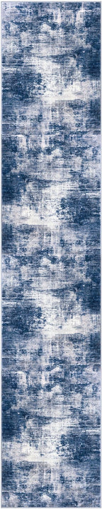 IOHOUZE Abstract Runner Rug 2x10 Ft Washable Runners for Hallways, Non Slip Kitchen Runner Printed Faux Wool Entryway Runner Indoor, Modern Abstract Floor Carpet for Hall Kitchen, Navy/Grey