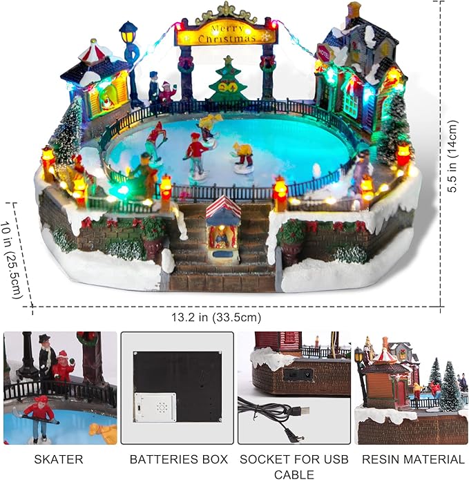 Christmas Village House Christmas Collectible Buildings Decor Estatua de la cabaña del Pueblo navideño Home Decoration Snow Globe Display Skating Pond AnimatedChristmas Theme Park with 8 Music X-Large