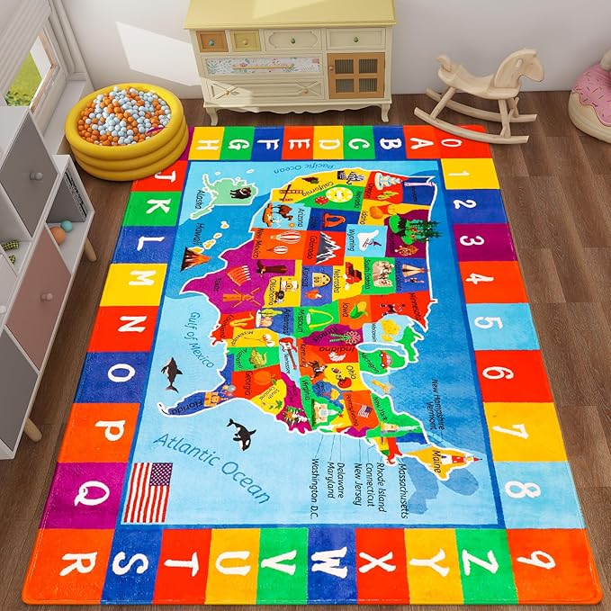 USA Map ABC Kid Rug 39.4" × 63" for Playroom Geography Classroom Rug Educational Baby Playmat Alphabet Mat for Primary School Fluffy Ployester Non-Slip Preschool Carpet for Nursery Room