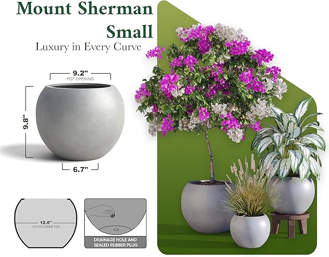 DTY Mount Sherman 12.6" D x 10'' H (Pot Opening 8.5") Fiberstone Round Planter with Drainage Hole, Smooth Finishes, Weather Resistant for Indoor and Outdoor, 2 Extra Coco Mats - Gray, Small