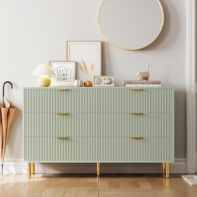 GarveeHome Green Dresser, Modern 6 Drawer Dresser for Bedroom with Gold Handle and Large Drawer, Wood Double Chest of Drawers and Storage Organizer for Living Room, Hallway, Entryway