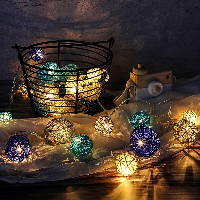 Patelai 72 Pcs Wicker Rattan Balls Decorative Balls for Vase Centerpiece Bowls Orbs Filler for Spring Summer Craft Home Decor, 4 Sizes(Dark Blue, Sky Blue, Gray, White)