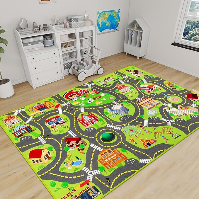 Kids Car Rug Play Mat, Kids Road Car Play Rug for Toy Cars, Educational Town City Map Carpet Vehicle Mat for Boy Playroom Bedroom, Non Slip Car Track Rugs for Kid Baby Children (60"X36", A)