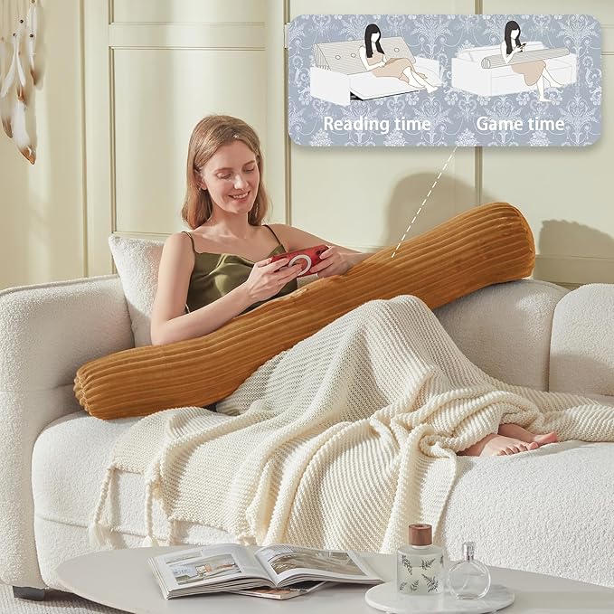 Headboard Wedge Pillow + A Long Neck Roll Pillow Body Pillow，Large Headboard Pillow with Removable Cover (Brown, Twin：39x8x20 inches)