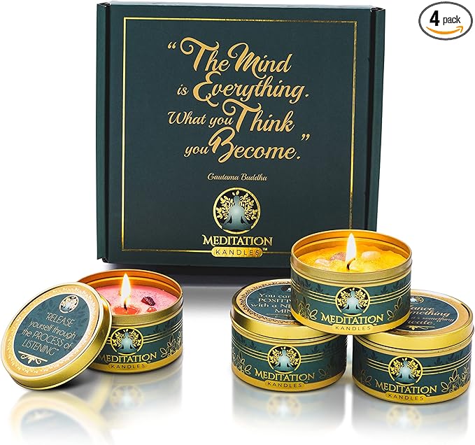 Meditation Candles with Crystals | Natural Aromatherapy Candles for Relaxation & Healing | Stress Relief Candles for Yoga, Meditation & Self Care | 4 Pack Gift Set