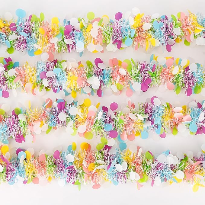 Easter Garland Decor,50Ft Glitter Tinsel Spring Garland Decorations for Tree Mantle Bedroom Office Classroom Party Indoor Outdoor Holiday Home Pink Yellow Blue Green White