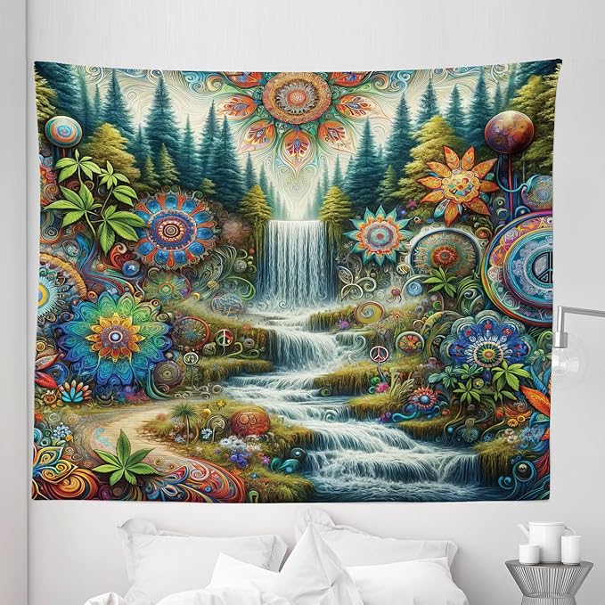 Ambesonne Trippy Tapestry King Size, Scenic Waterfall with Wonderland Woods and Psychedelic Mandala Flowers, Wall Hanging Bedspread Bed Cover Wall Decor, 104" X 88", Olive Green Multicolor