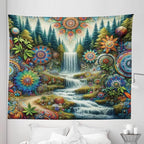 Ambesonne Trippy Tapestry King Size, Scenic Waterfall with Wonderland Woods and Psychedelic Mandala Flowers, Wall Hanging Bedspread Bed Cover Wall Decor, 104" X 88", Olive Green Multicolor