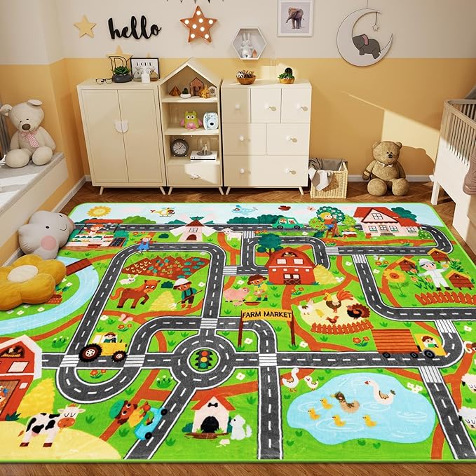 Kids Rug Play Mat for Toy Cars,110" × 78.7" Extra Large Farm Life Road Traffic for Playroom Kids Car Road Rug Village Map Play Mat Non-Slip Washable Carpet for Toddlers Boys Room Tummy Time Playtime