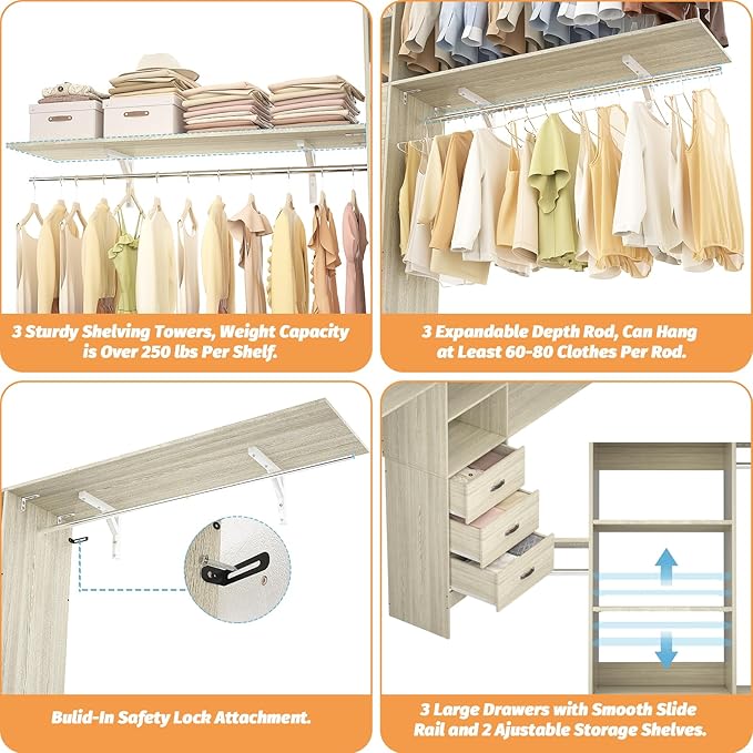 Armocity 120 Inches Closet System, 10FT Walk In Closet Organizer with 3 Shelving Towers, Heavy Duty Clothes Rack with 3 Drawers, Built-In Garment Rack, 120" L x 16" W x 75" H, Load 1300 LBS, White Oak