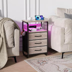 Bed Side Table with 3 Fabric Drawers, Night Stand with Charging Station, LED Nightstand with Hooks, Bedside Table End Tables with Storage, Night Tables for Living Room, Bedroom (Beige)