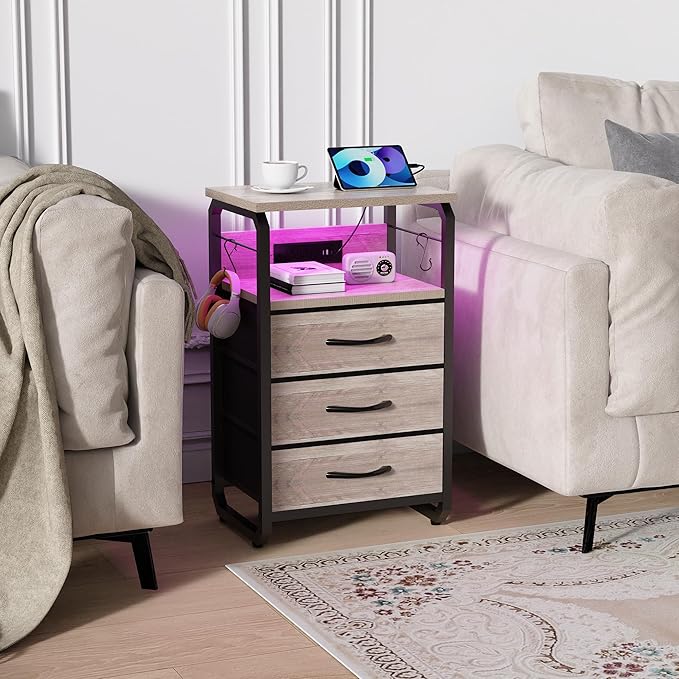 Bed Side Table with 3 Fabric Drawers, Night Stand with Charging Station, LED Nightstand with Hooks, Bedside Table End Tables with Storage, Night Tables for Living Room, Bedroom (Beige)