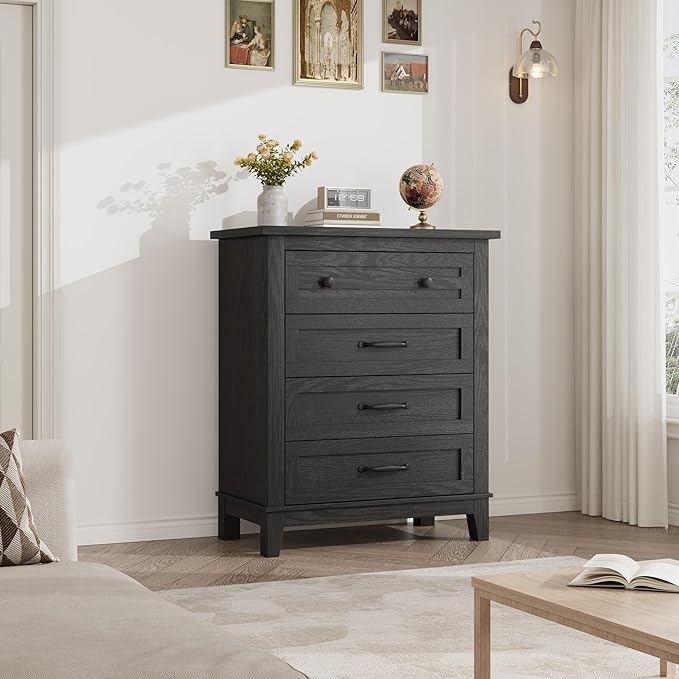 GarveeHome 4 Dresser for Bedroom, 34.8" Tall Vertical Drawer Dresser with Large Storage, Freestanding Wooden Closet Chest for Bedroom, Living Room, Black