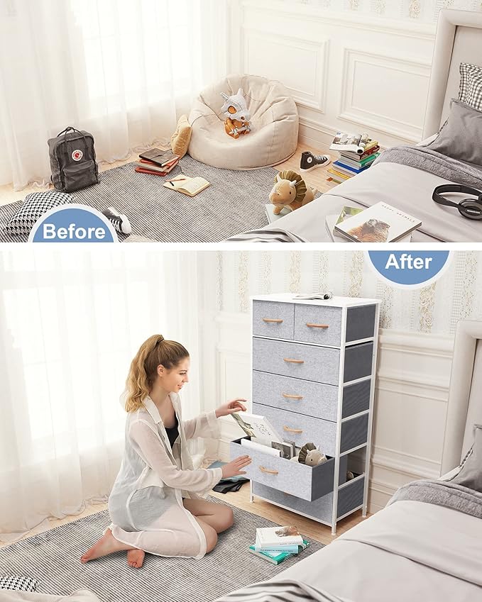 Crestlive Products Vertical Dresser Storage Tower - Sturdy Steel Frame, Wood Top, Easy Pull Fabric Bins, Wood Handles - Organizer Unit for Bedroom, Hallway, Entryway, Closets - 7 Drawers (Light Gray)