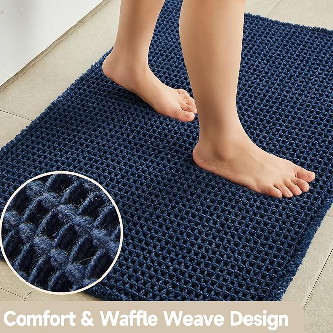 Waffle Bath Mat, Boho Bathroom Rugs Non Slip Washable Super Absorbent Quick Dry Bath Mat Farmhouse Bathroom Decor, 48"x24" Navy Blue