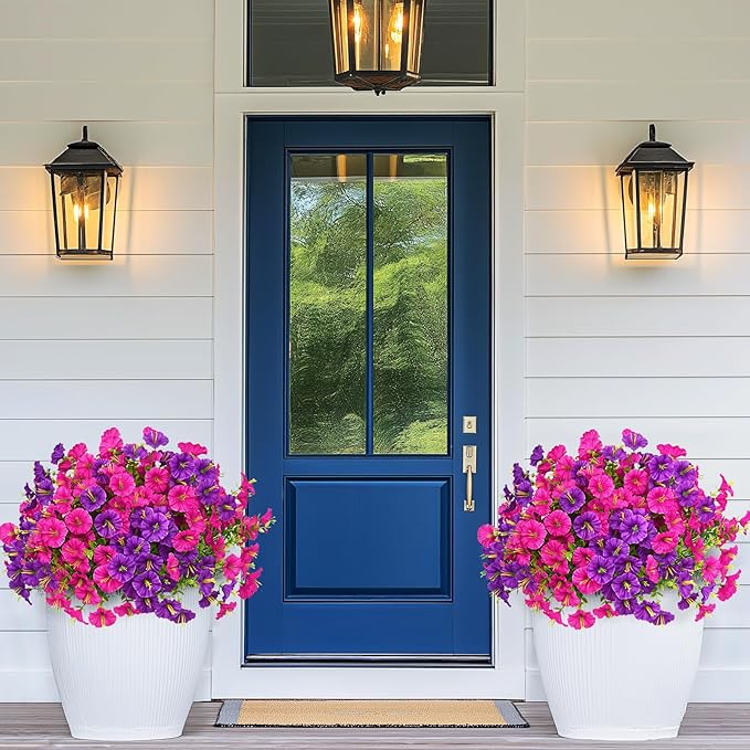MARTINE MALL 24 Bundles Look Real Artificial Flowers for Outdoors, Realistic Fake Outdoor Flowers, UV Resistant Silk Petunia Flowers for Outside Faux Flowers Plants for Outdoor Porch, Purple+Fuchsia