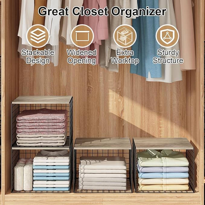 Widened & Heightened Closet Organizers And Storage Shelves With Top Board, Set of 3 Stackable Closet Shelf Organizer Storage Bin Basket For Clothes Sweaters,Space-saving, Sturdy,Wider Higher Size