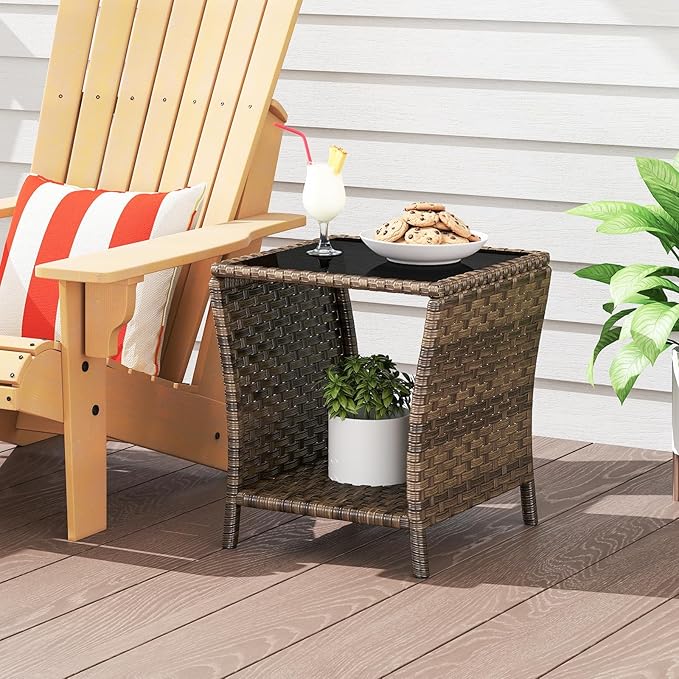 Outdoor Wicker Side Table Rattan Side Tables End Table for Patio with Glass Top Rattan Storage for Patio Garden Balcony