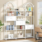Semoic 83.5" Tall Arched Bookshelf, Triple Wide 6-Tier Large Open Book Shelf with 3 Drawers Storage, Etagere Bookcase with Display Shelf, Industrial Bookshelf with Metal Frame for Living Room, White