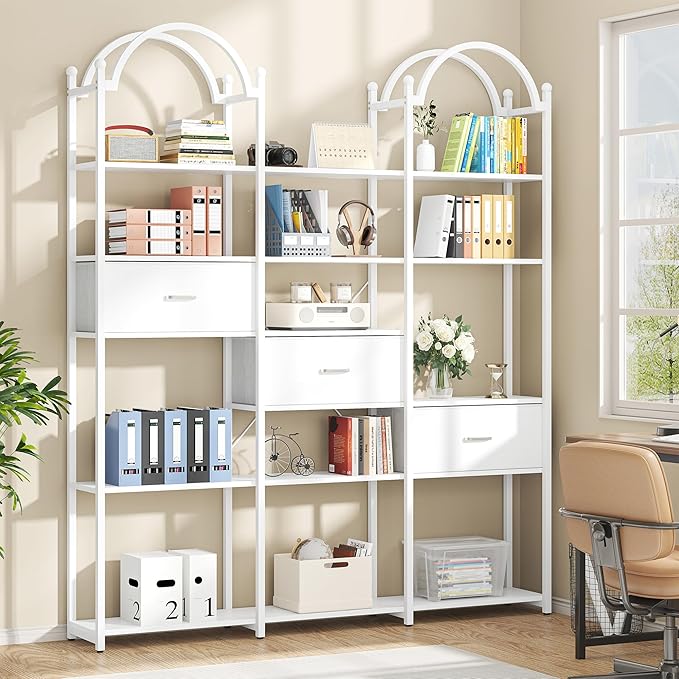 Semoic 83.5" Tall Arched Bookshelf, Triple Wide 6-Tier Large Open Book Shelf with 3 Drawers Storage, Etagere Bookcase with Display Shelf, Industrial Bookshelf with Metal Frame for Living Room, White