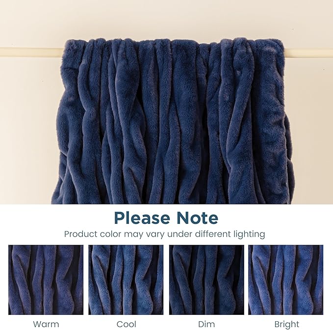 Sophia & William Ruched Faux Fur Throw Blanket for Couch - Luxury Lightweight Plush Fuzzy Cozy Soft Blankets, Blue, 50" x 60"