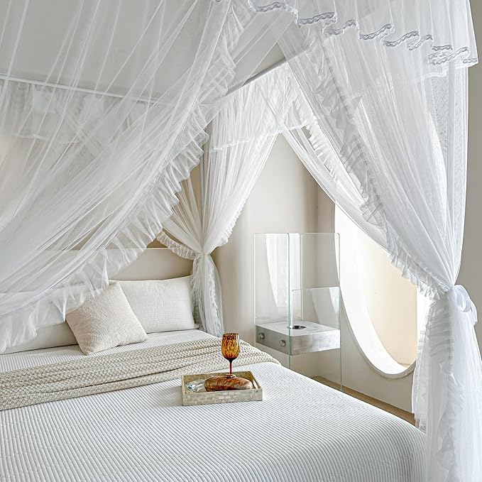 AIKASY 4 Corners Post Ruffle Princess Bed Canopy Curtain - Double Layer Cozy Drape Netting with 4 Openings - Elegant Mosquito Net for Girls and Adults Bedroom Decoration (White, Queen)