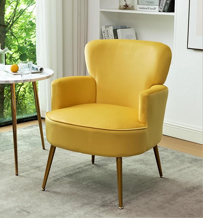 Trendy Velvet Accent Chair with Gold Metal Legs, Upholstered Armchair for Small to Mid-Size Spaces, Modern Living Room, Bedroom, Vanity Desk and Entryway, Yellow