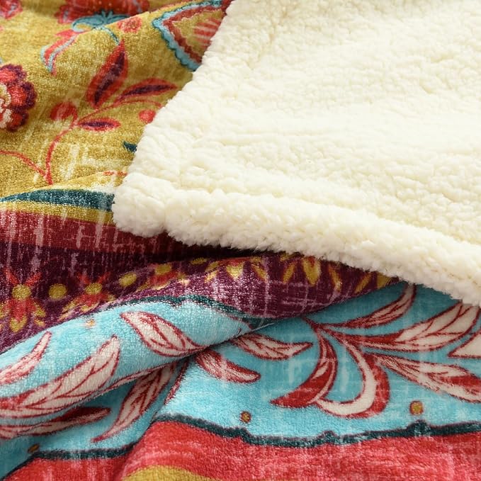 Boho Chic Sherpa Throw Blanket - Vibrant Bohemian Print & Ultra-Soft Cozy Lining, Stylish & Warm Winter Throw for Couch, Bed, or Décor