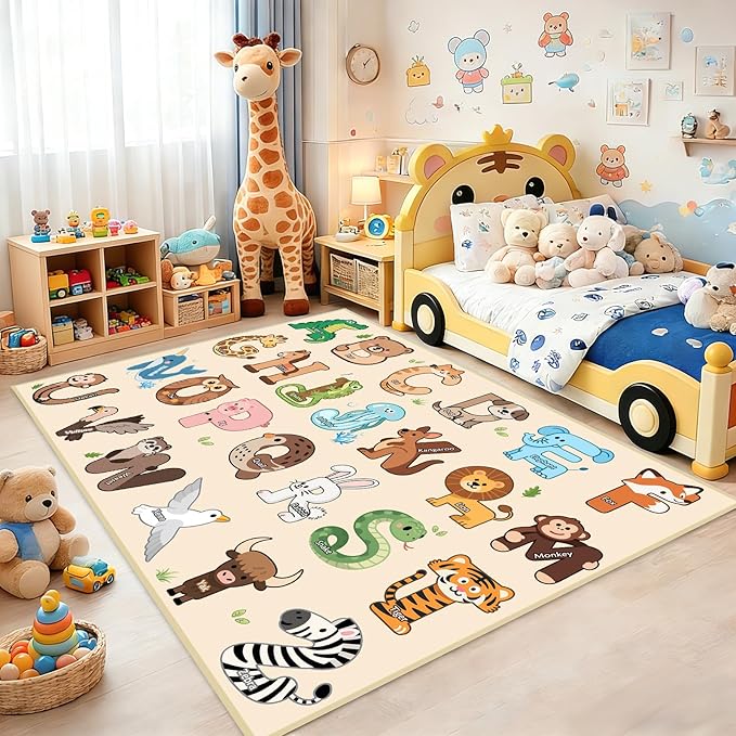 Kids Rugs for Playroom - 2.5x4 Feet ABC Rug for Toddler Children Educational Learning Animal, Alphabet Rug Kids Play Mat Nursery Bedroom Kindergarten Decor, Beige