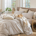 MooMee Striped Duvet Cover Set 100% Washed Cotton Linen Like Textured Breathable Durable Soft Comfy (Tannish Linen Grey White Classic Stripes, Cal King 104"x98")