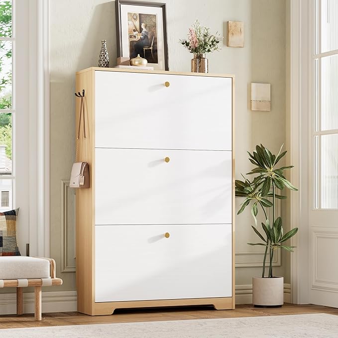 Nicetree Shoe Storage Cabinet for Entryway, Morden Shoe Cabinet, Freestanding Shoe Rack Cabinet, Hidden Shoe Dresser for Hallway,Foyer, Natural Oak and White